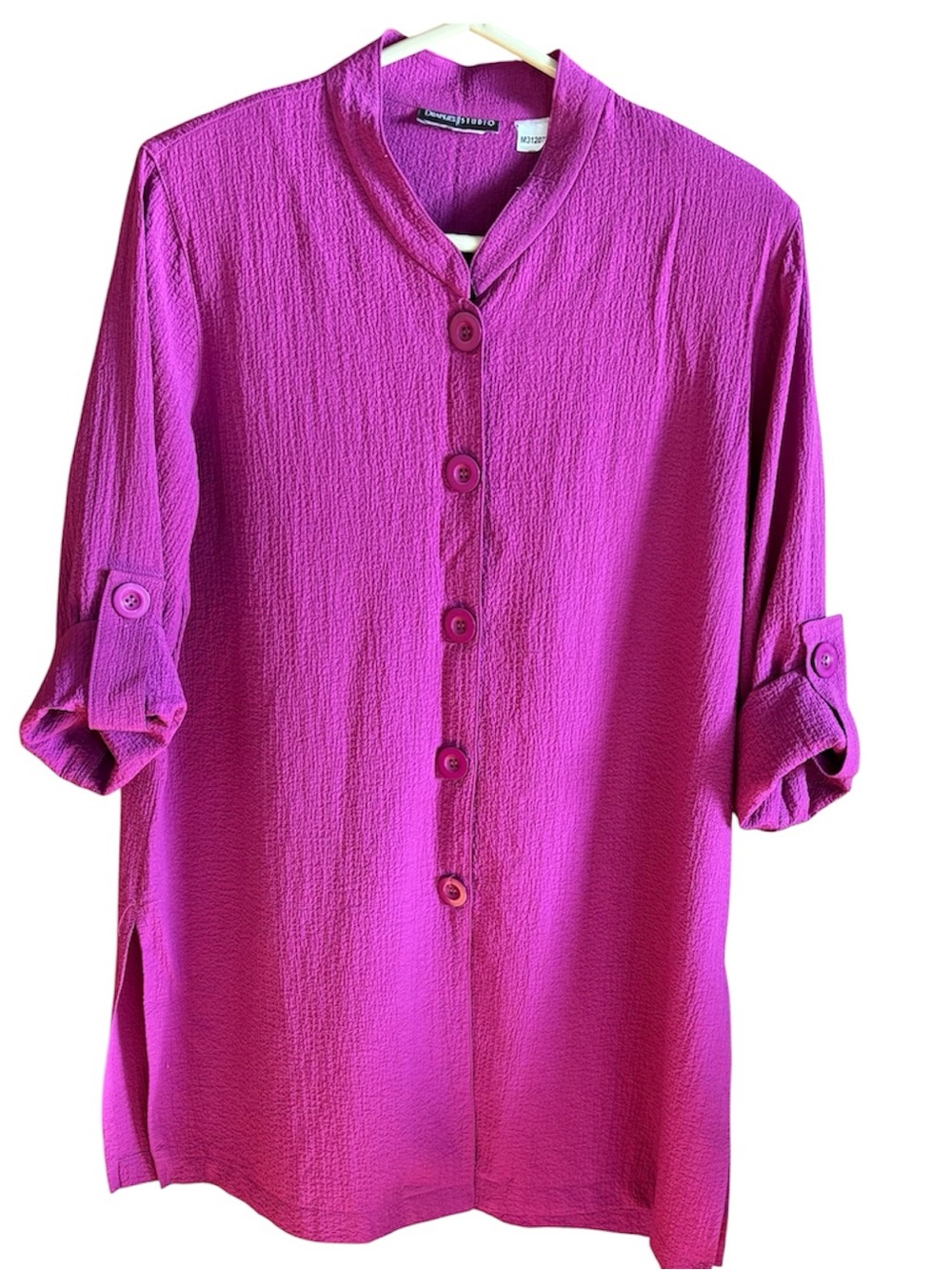 Women's button up tunic in colorful crinkled magenta/fuchsia fabric.